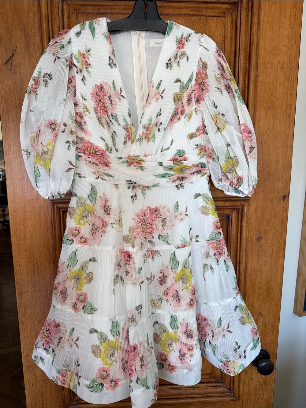 Zimmermann White Floral V-Neck Tiered Mini Dress with Pink and Yellow Blooms